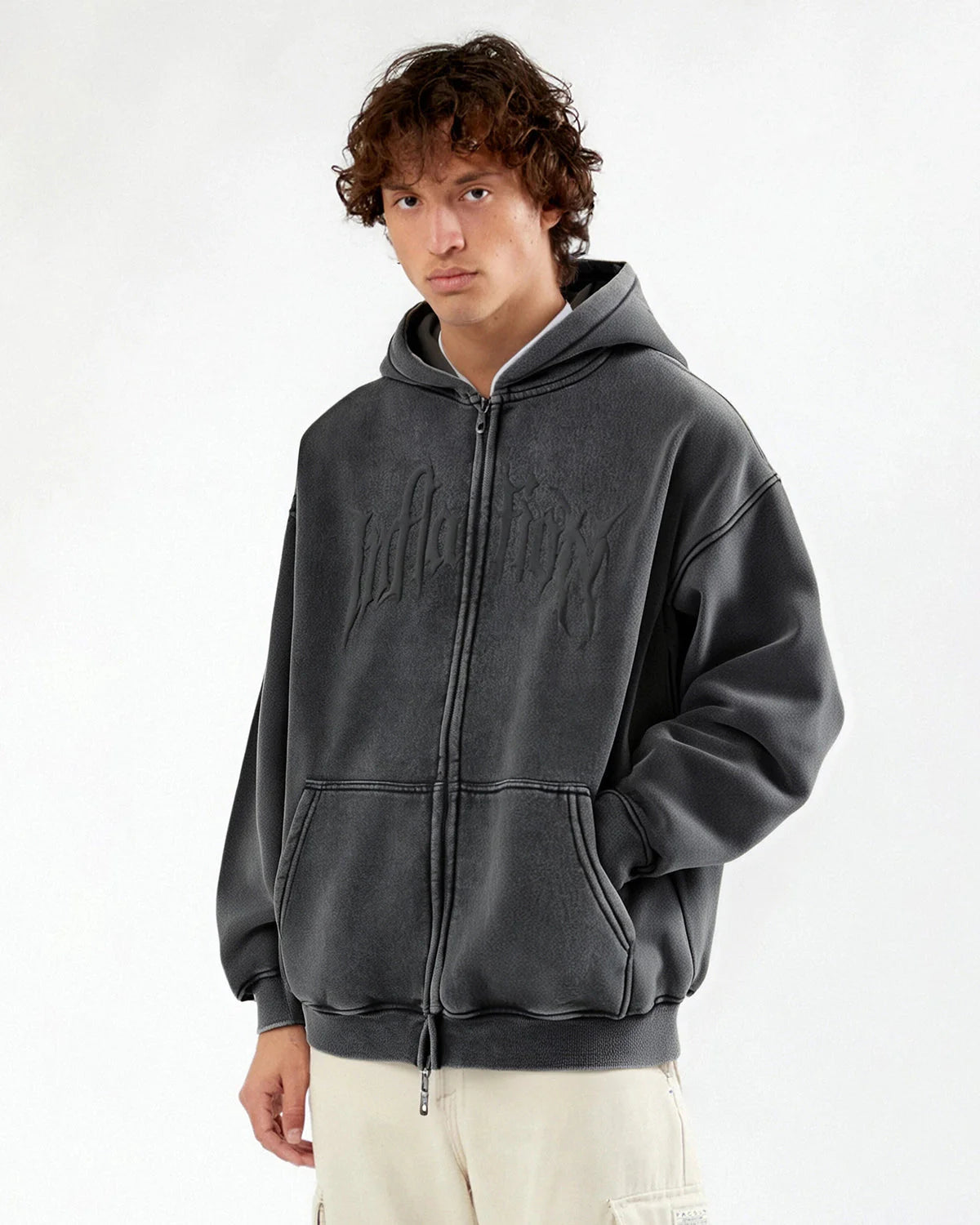 LCDEGO Puff Print Washed Zip Up Hoodies