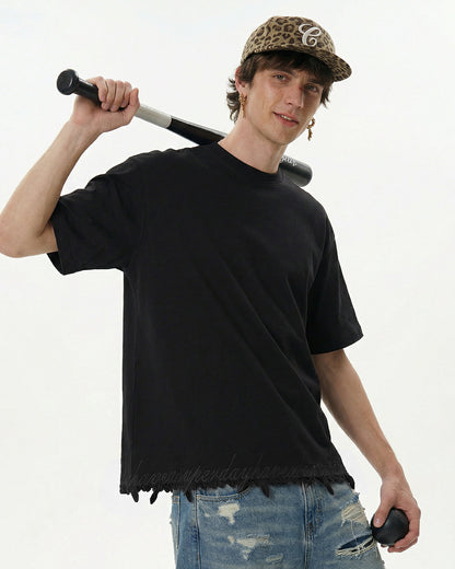 Embroidered Frayed Hem Oversized T-Shirt | LCDEGO Streetwear