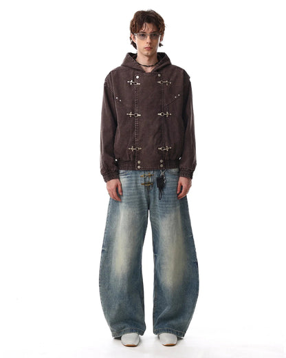 Washed Clasp Fireman Hooded Denim Jacket | LCDEGO Streetwear