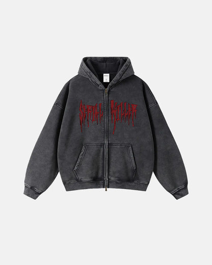 Black Gothic Acid Wash Zip Up Hoodies | LCDEGO Streetwear