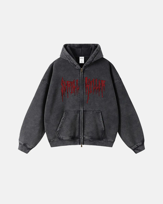 Black Gothic Acid Wash Zip Up Hoodies | LCDEGO Streetwear