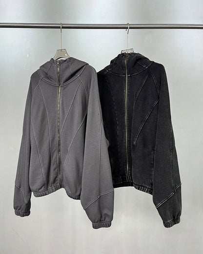 Distressed Stiching Aicd Wash Zip Up Hoodies | LCDEGO Streetwear