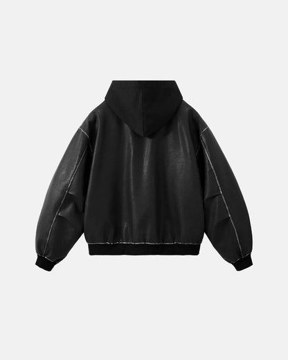 Faux Leather Hooded Bomber Jacket| LCDEGO Streetwear