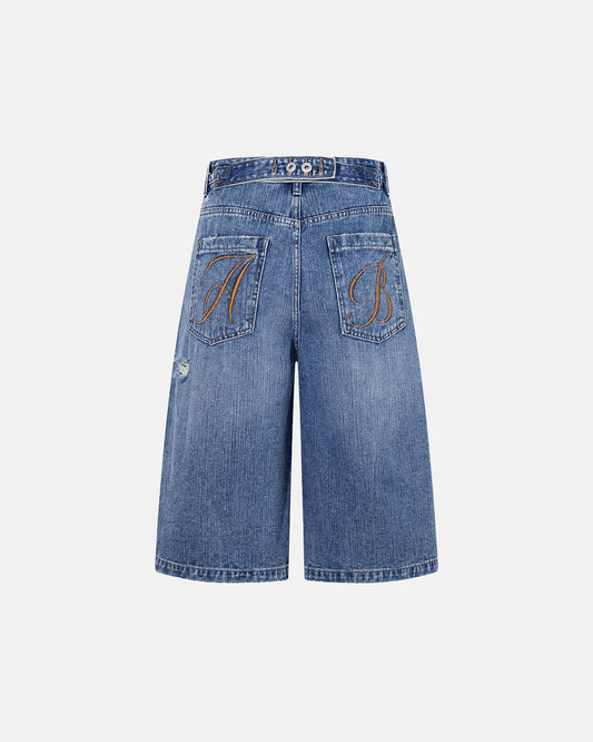 ripped baggy denim shorts with adjustable back waist