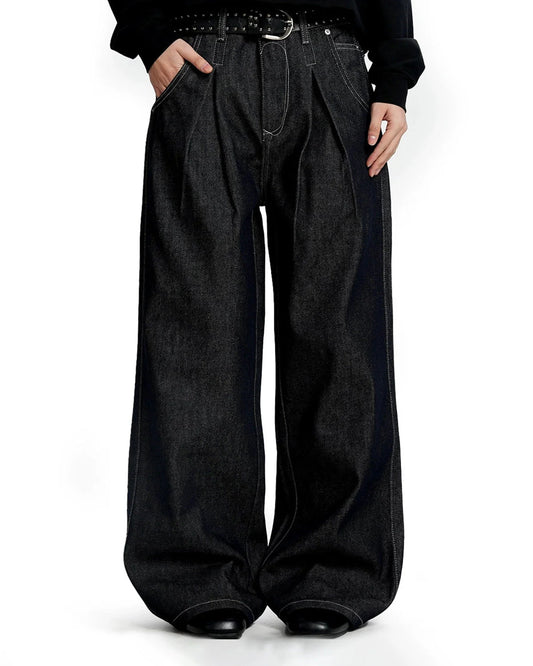 Contrast Stitching Raw Baggy Jeans | LCDEGO Streetwear