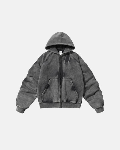 Black Acid Washed Embroidery Zip Up Hoodies