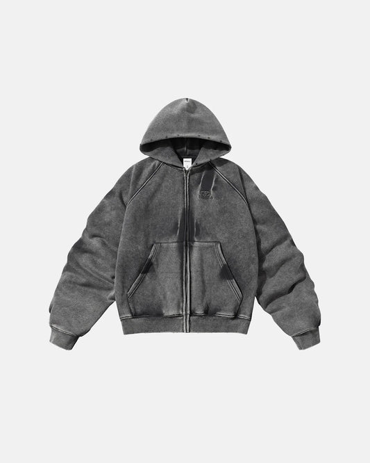 Black Acid Washed Embroidery Zip Up Hoodies