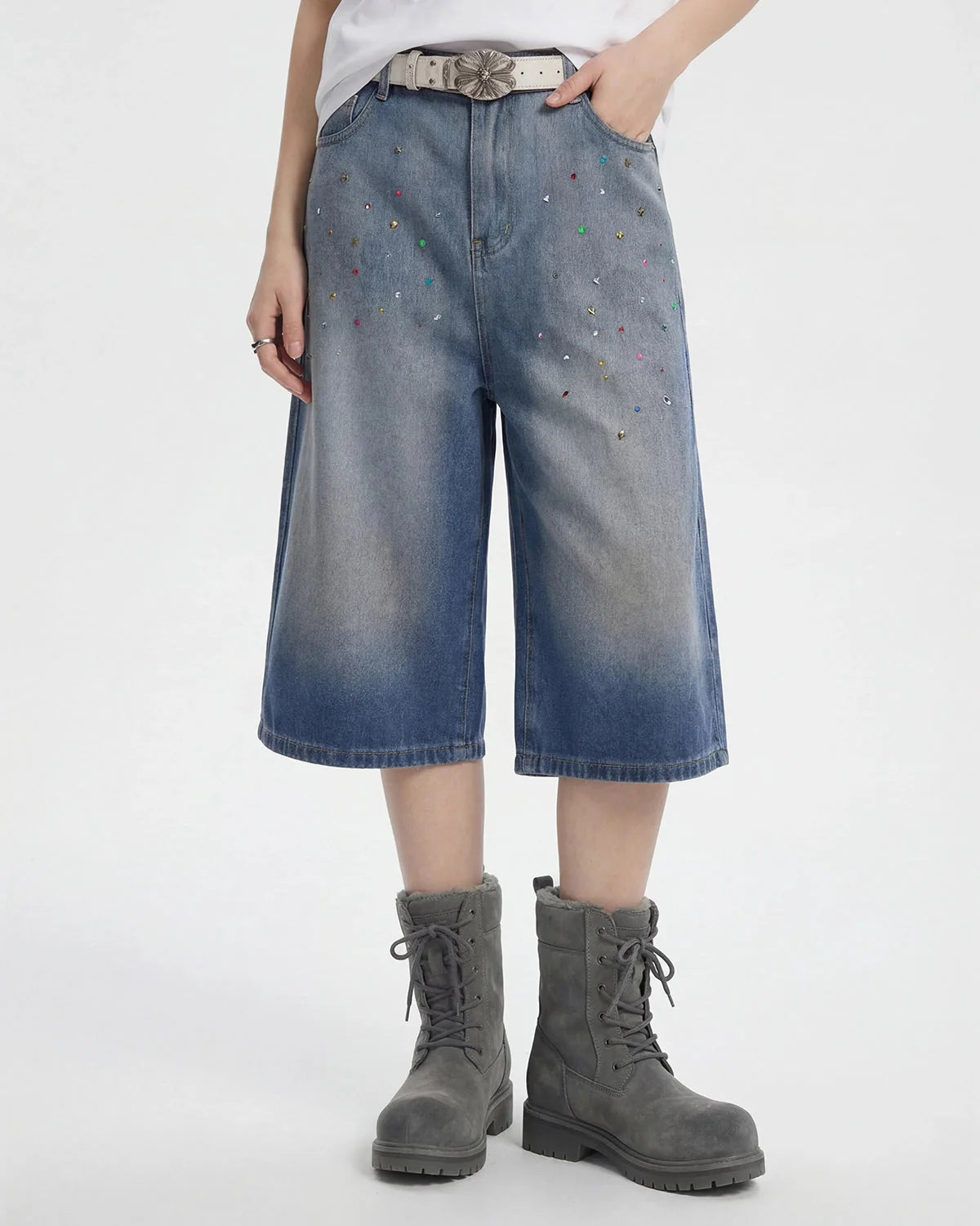 Rhinestone Washed Denim Baggy Jorts | LCDEGO Streetwear