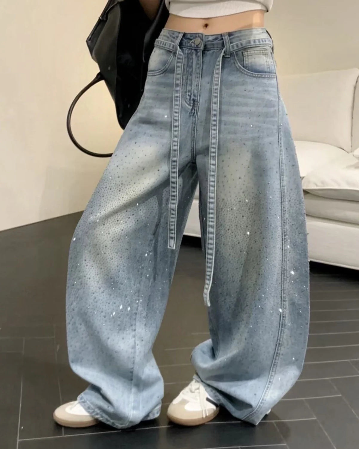 Rhinestone Baggy Barrel Jeans | LCDEGO Streetwear