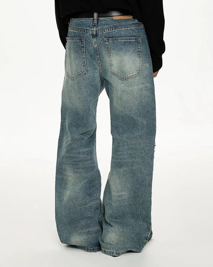 Acid Wash Beaded Studded Flared Baggy Jeans | LCDEGO Streetwear
