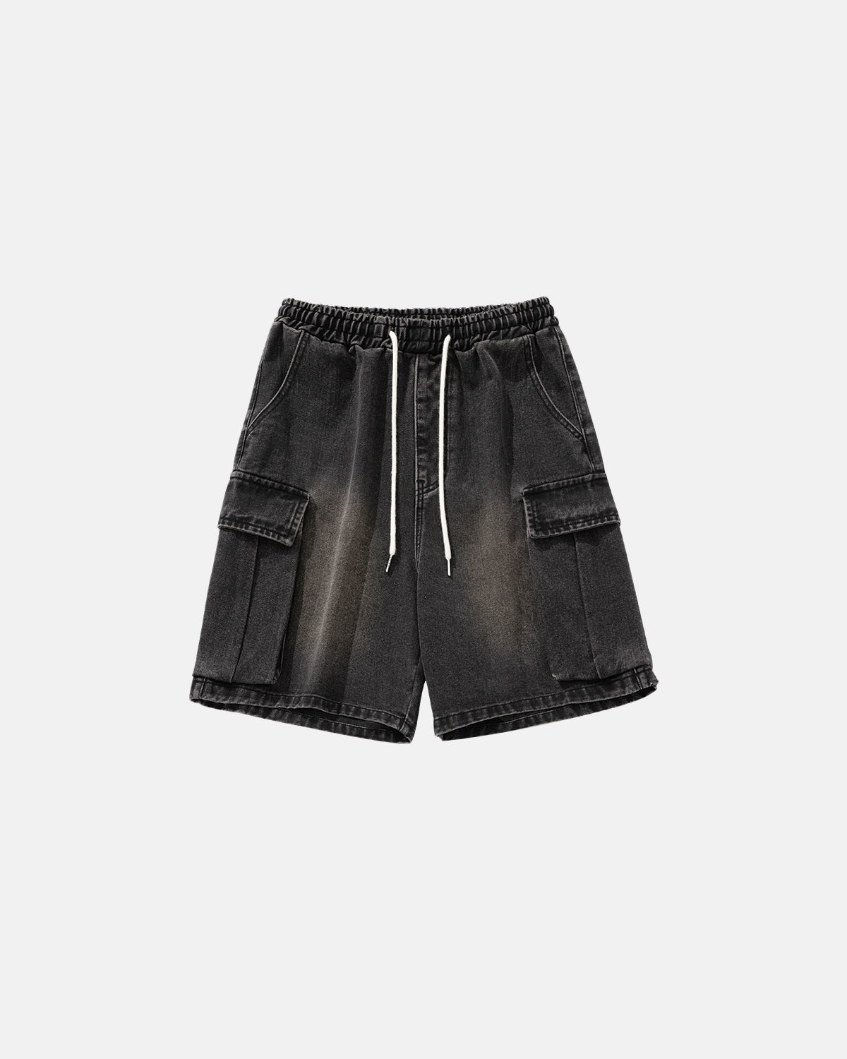 mens loose fit denim shorts with cargo pockets and elastic waistband