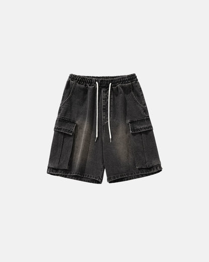 mens loose fit denim shorts with cargo pockets and elastic waistband