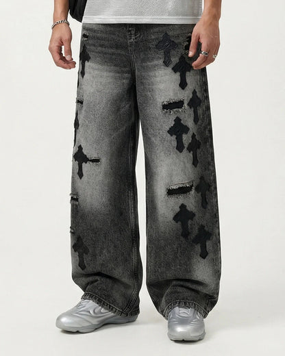 Distressed Cross Barrel Jeans | LCDEGO Streetwear