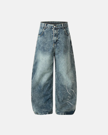 Rhinestone Acid Wash Baggy Jeans | LCDEGO Streetwear