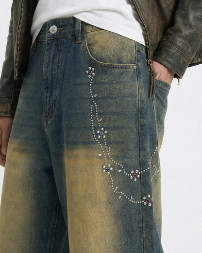 Acid Wash Rhinestone Chain Baggy Jeans | LCDEGO Streetwear