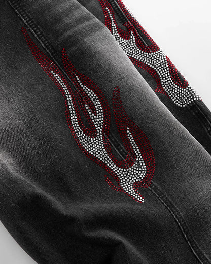 Flame Graphic Rhinestone Barrel Jeans | LCDEGO Streetewear