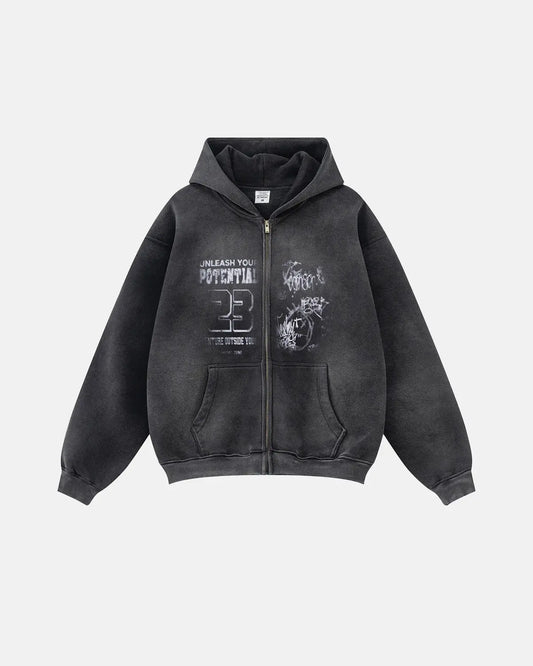 Graphic Washed Zip Up Hoodies | LCDEGO Streetwear