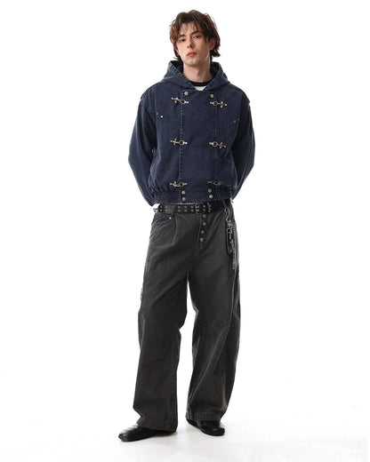 Washed Clasp Fireman Hooded Denim Jacket | LCDEGO Streetwear