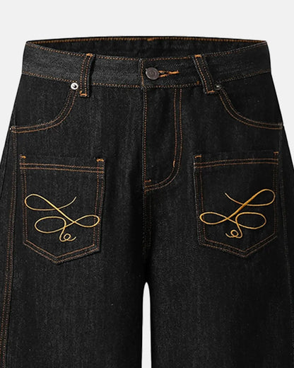 Pocket Embroidery Raw Barrel Jeans | LCDEGO Streetwear