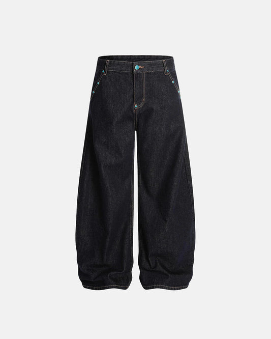 Turquoise Button Rivet Baggy Jeans | LCDEGO Streetwear