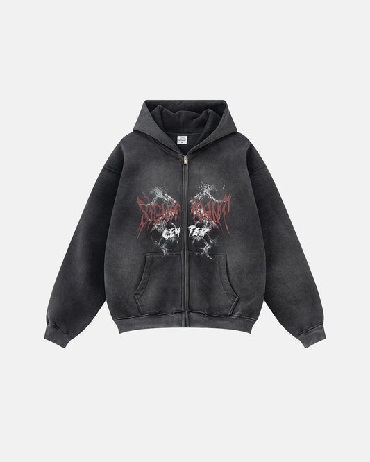 LCDEGO Washed Graphic Zip Up Hoodies