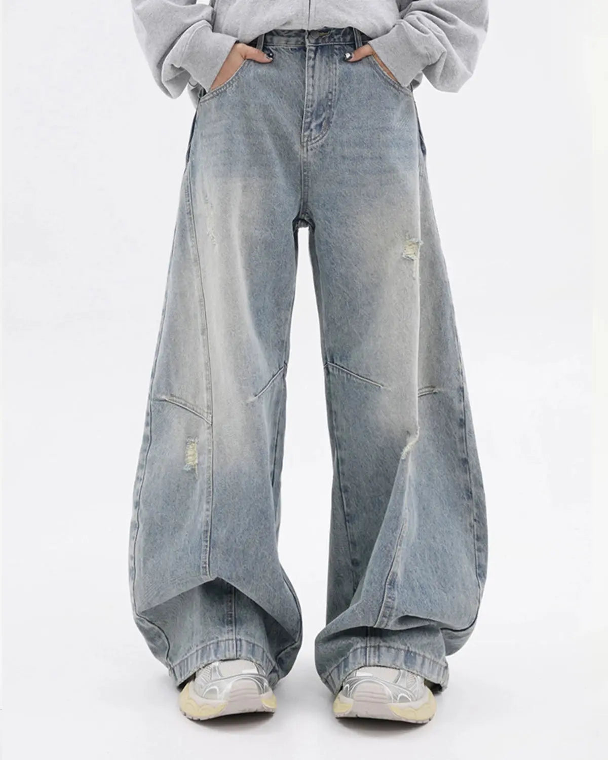Acid Washed Distressed Barrel Jeans | LCDEGO Streetwear