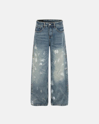 Acid Wash Beaded Studded Flared Baggy Jeans | LCDEGO Streetwear