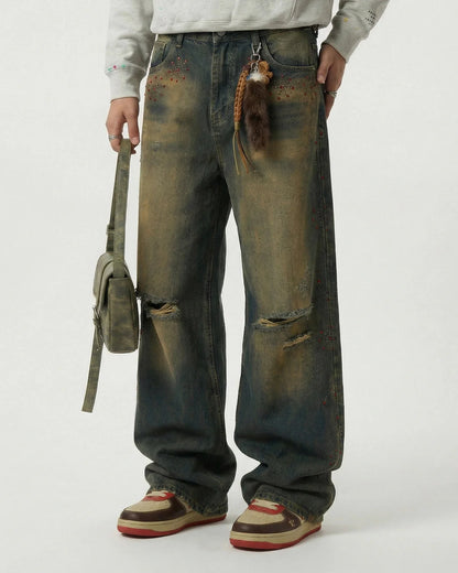 Dirty Wash Rhinestone Baggy Jeans | LCDEGO Streetwear
