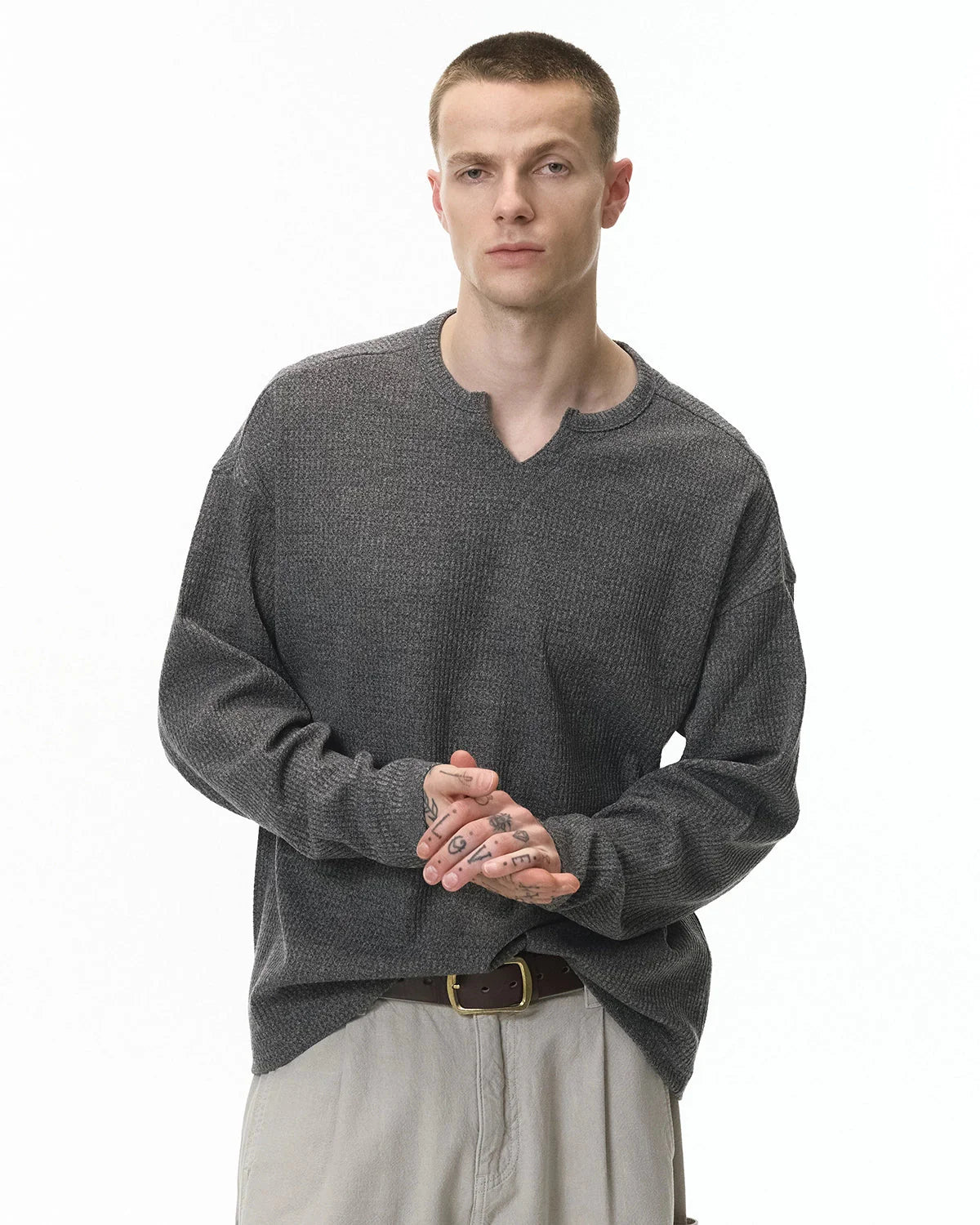 V-neck Long Sleeve Waffle Tees | LCDEGO Streetwear