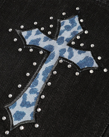 Cross Rhinestone Embroidered Baggy Jeans | LCDEGO Streetwear