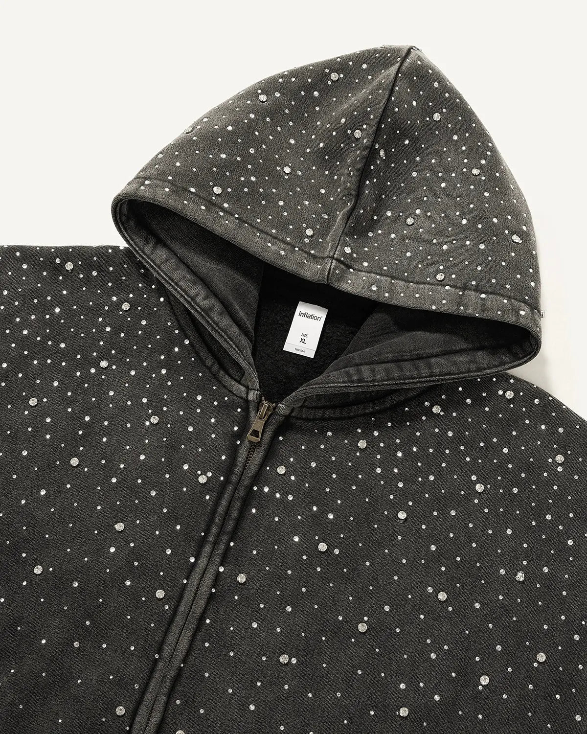 Distressed Washed Fleece Rhinestone Zip Up Hoodies | LCDEGO Streetwear