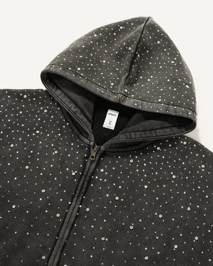 Distressed Washed Fleece Rhinestone Zip Up Hoodies | LCDEGO Streetwear