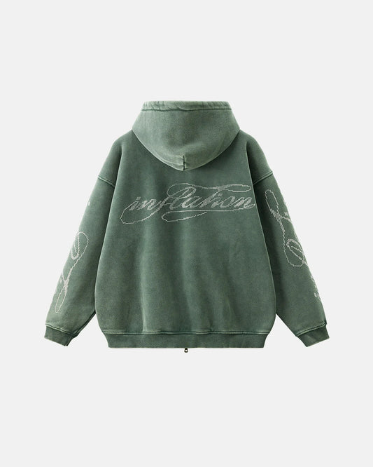 Rhinestone Distressed Washed Zip Up Hoodies | LCDEGO Streetwear