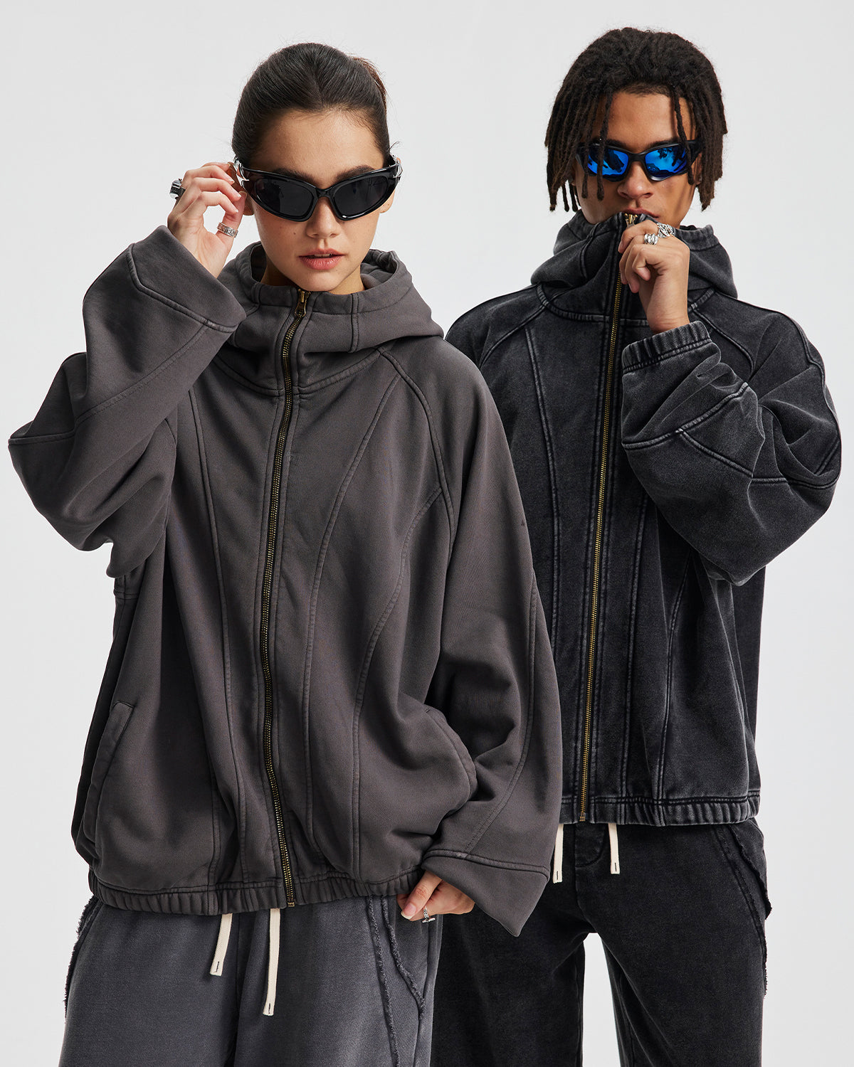 Distressed Stiching Aicd Wash Zip Up Hoodies | LCDEGO Streetwear