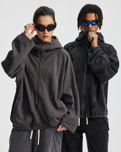 Distressed Stiching Aicd Wash Zip Up Hoodies | LCDEGO Streetwear