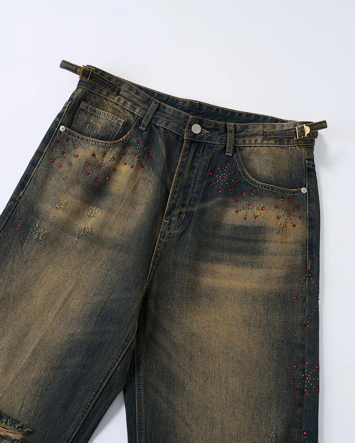 Dirty Wash Rhinestone Baggy Jeans | LCDEGO Streetwear