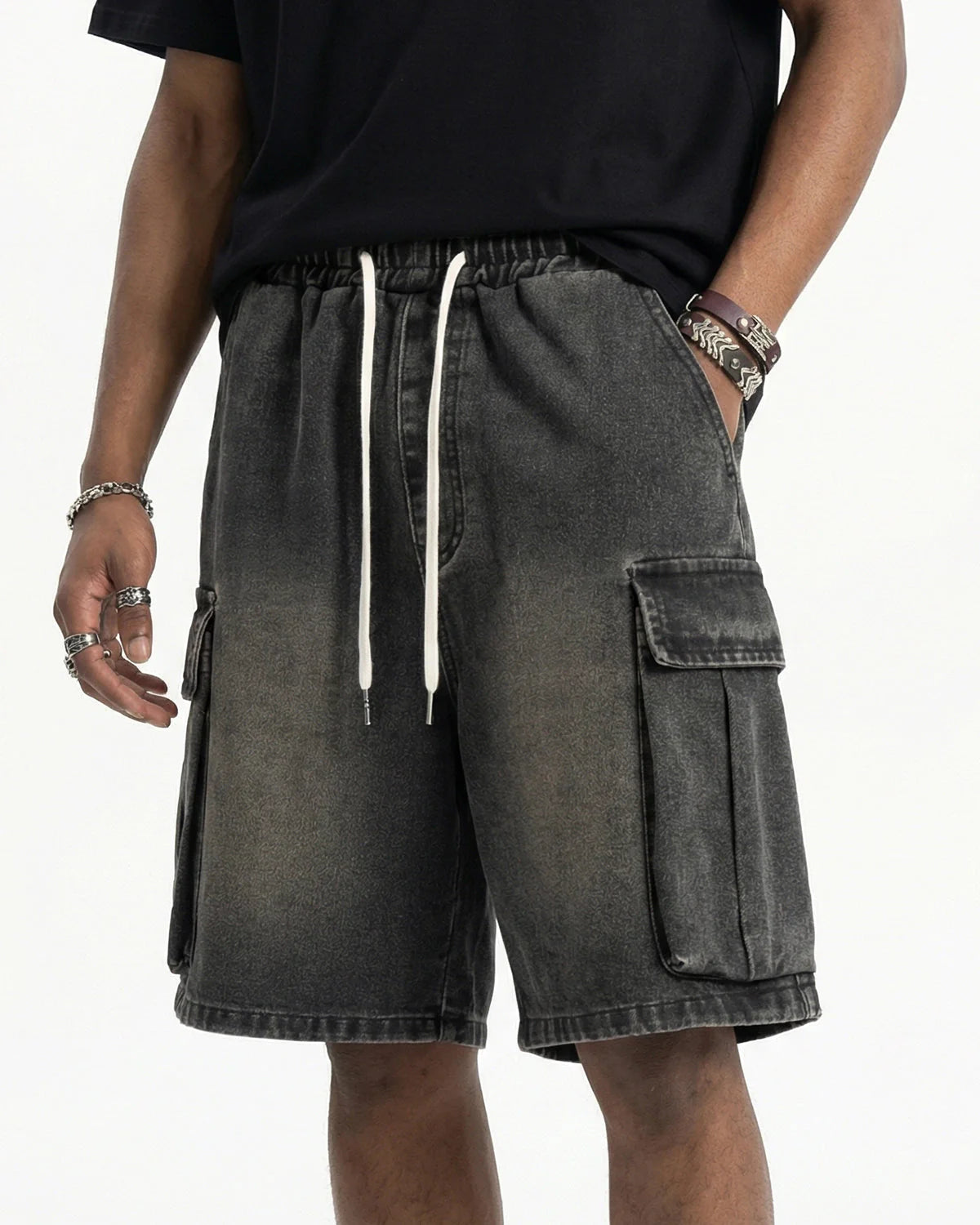 Washed Denim Cargo Shorts with Drawstring | LCDEGO Streetwear