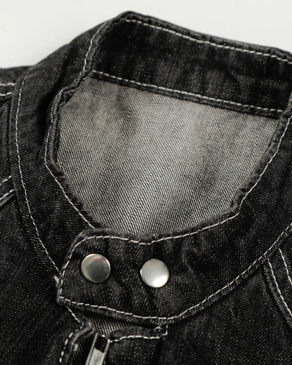 Stand Collar Raw Clasp Denim Jacket | LCDEGO Streetwear