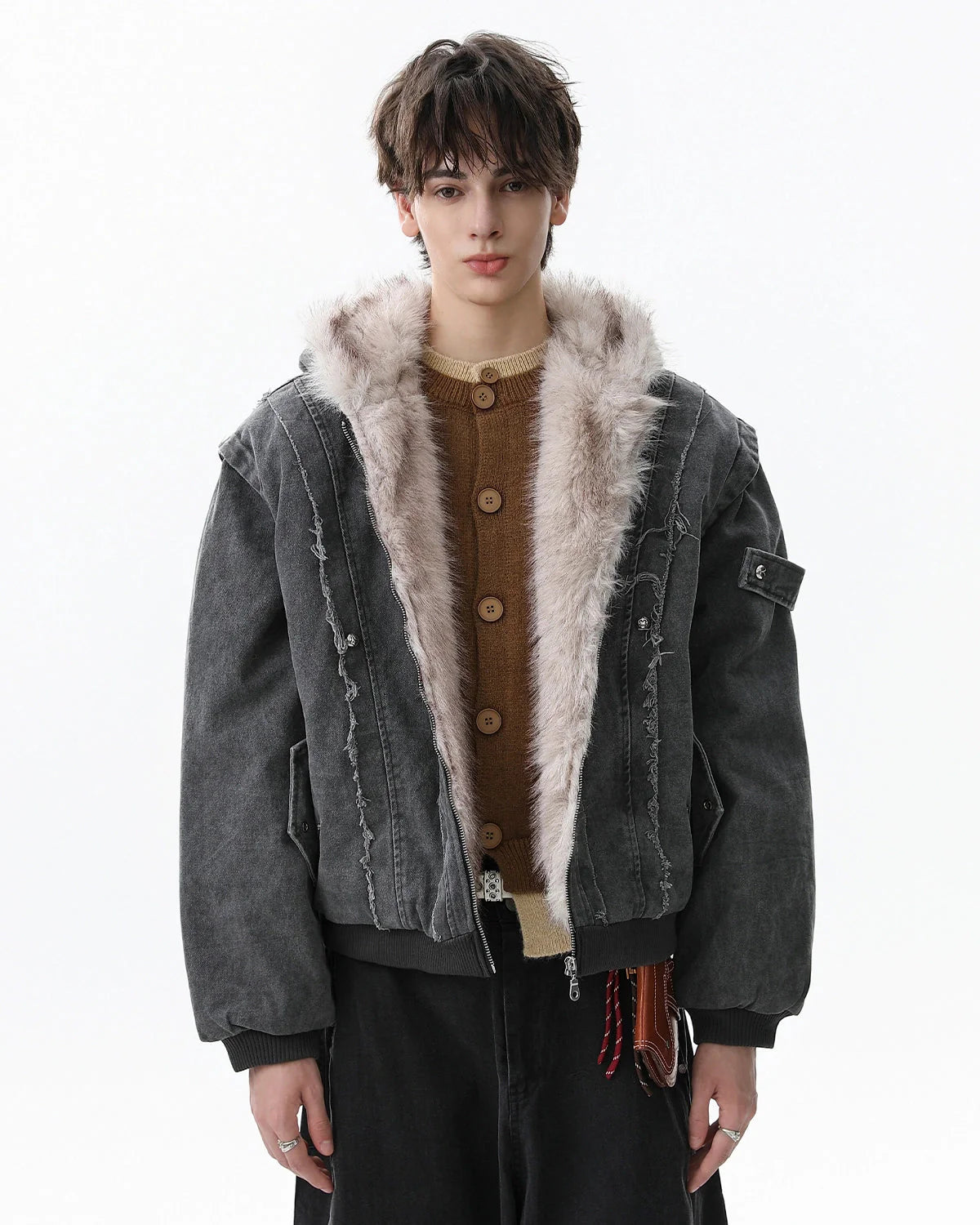 Faux Fur Lined Washed Hooded Jacket | LCDEGO Streetwear