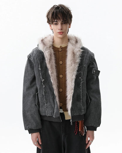 Faux Fur Lined Washed Hooded Jacket | LCDEGO Streetwear
