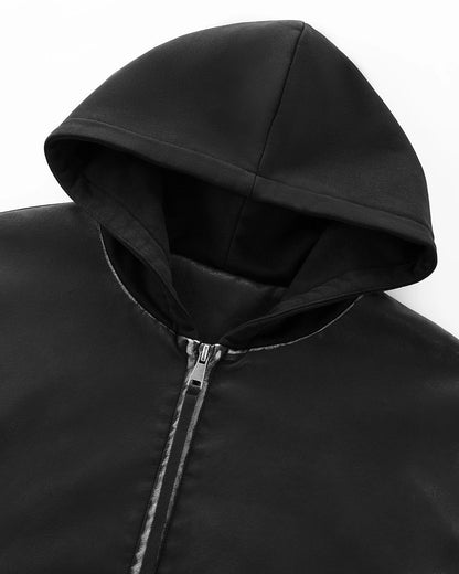 Faux Leather Hooded Bomber Jacket| LCDEGO Streetwear