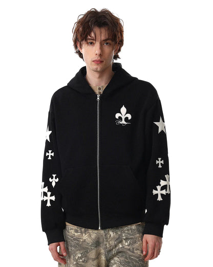 Cross PU Patch Embroidery Zip Up Hoodies | LCDEGO Streetwear