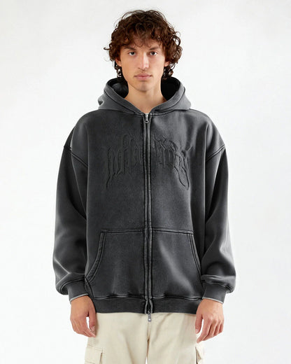 LCDEGO Puff Print Washed Zip Up Hoodies