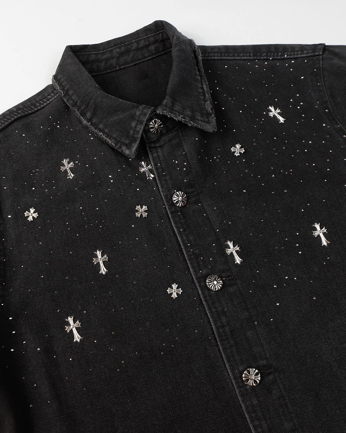 Starry Cross Rhinestone Washed Denim Shirt | LCDEGO Streetwear