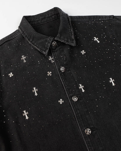 Starry Cross Rhinestone Washed Denim Shirt | LCDEGO Streetwear