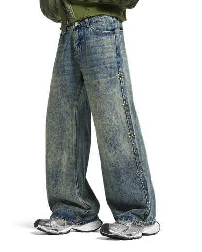 Acid Wash Beaded Studded Flared Baggy Jeans | LCDEGO Streetwear