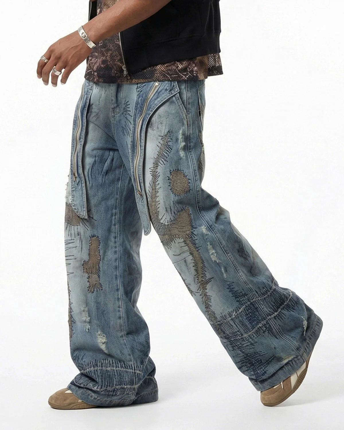 Distressed Patchwork Barrel Jeans | LCDEGO Streetwear