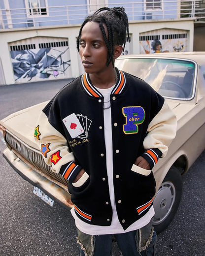 Poker Embroidery Varsity Jacket | LCDEGO Streetwear