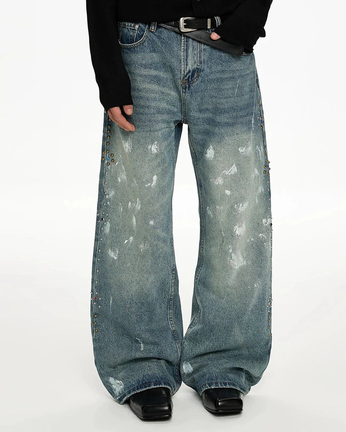 Acid Wash Beaded Studded Flared Baggy Jeans | LCDEGO Streetwear