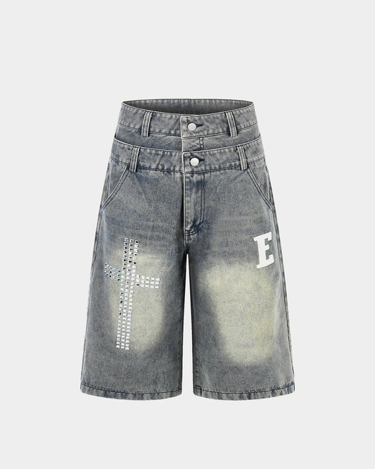 double waistband baggy denim shorts streetwear